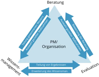 Abbildung 1: Dreieck der wissenschaftlichen Begleitprozesse Beratung, Wissensmanagement und Evaluation