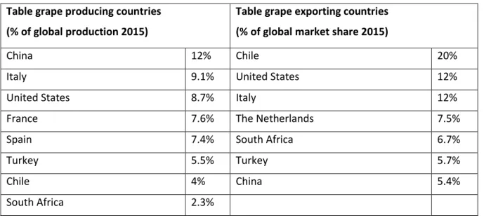 Table 1: Global table grape producing and exporting countries 2015 (Seccia et al. 2015)  Table grape producing countries  