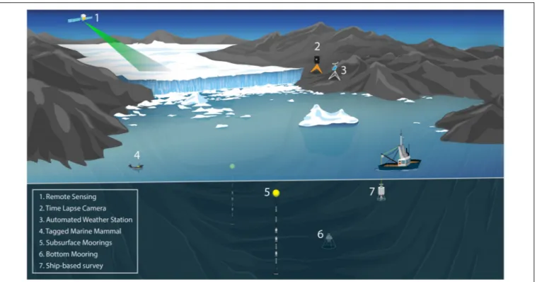 FIGURE 4 | Example of potential instrumentation for a GrIOOS site located at the margins of a tidewater glacier (note: not to scale).