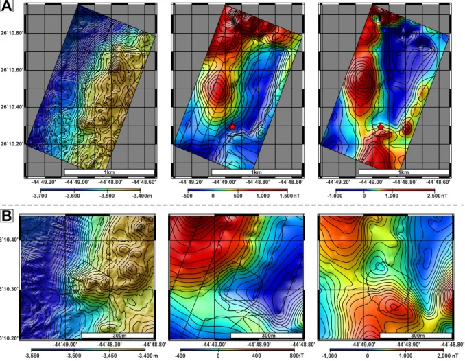 Figure 2.  Bathymetry and magnetic anomaly of Shimmering. (A) High-resolution bathymetry, non-RTP  magnetic anomaly (with AUV routes) and RTP magnetic anomaly over Shimmering Hill