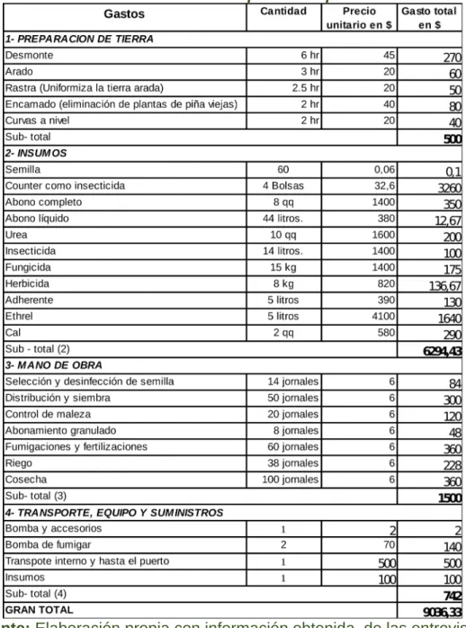 Tabla 6. Estructura de costos de producción promedio.