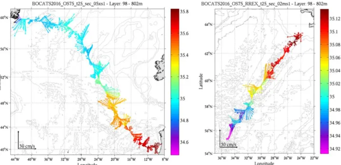 Figure 8: Currents averaged in the, 100-800 m layer along the BOCATS-OVIDE section, measured by the  OS75 across the OVIDE-A25 section from Greenland to Portugal (left panel), and across the Reykjanes  Ridge (right panel; Iceland is visible on the northeas