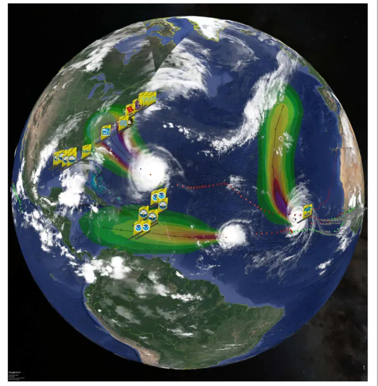 FIGURE 8 | Hurricane Florence, Isaac and Helene cloudtops (left to right) on September 11, 2018, with NHC best tracks behind each hurricane, NHC probability of tropical storm force winds ahead of each hurricane, and the tails of the diverse fleet of ocean 