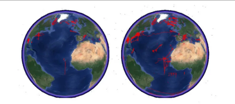FIGURE 1 | Development of the glider activity over the past decade. Gliders tracks of past deployments (left) until December 2009 (OceanObs’09) and (right) until October 2018 (OceanObs’19 submissions), as can be viewed using google-earth.