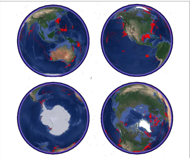FIGURE 2 | Gliders tracks of past deployments until October 2018 (OceanObs’19 submissions), as can be viewed using google-earth from different locations.
