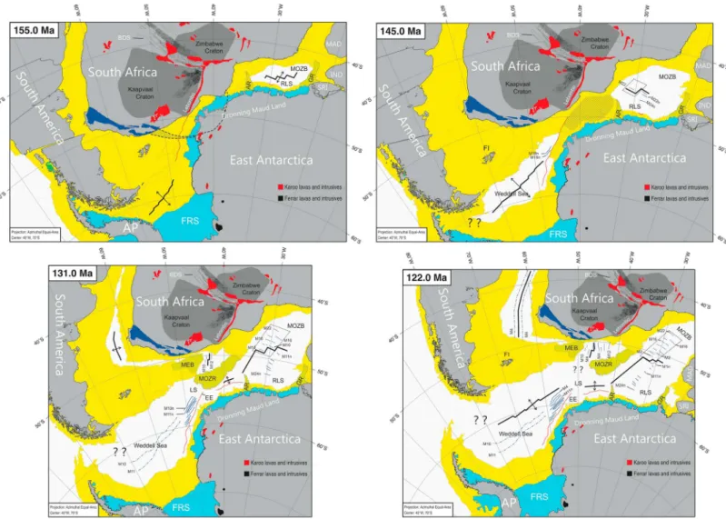 Figure 5. The four panels show the evolution of the Weddell Sea since Jurassic times (modi ﬁ ed after Jokat et al., 2003)