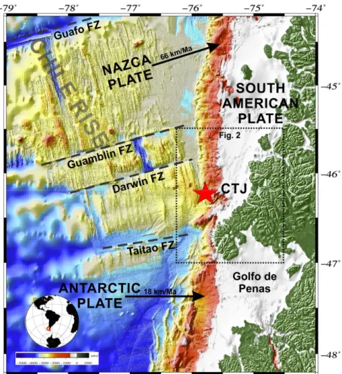 Figure 1. Location map of the study area offshore Taitao Peninsula. The bathymetry is based on  GEBCO_08 Grid (version 20091120, http://www.gebco.net) and integrated with the IFREMER grid  (cruise of the R/V L’Atalante, 1997)