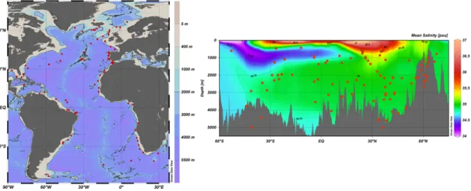 Fig. 1  Location of the 92 dated Atlantic sediment cores (see Online-only Table 1 for precise coordinates and  water depths of the cores)