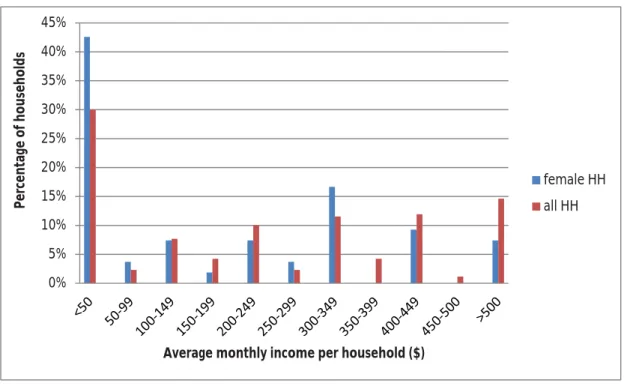 Figure 5: Average distribution of monthly income per household in general and for female- female-headed households