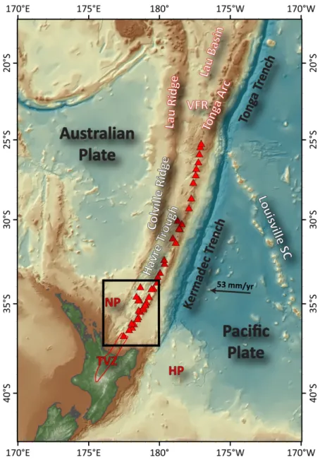 Figure 1: Tectonic setting of New Zealand and the SW Pacific highlighting the Kermadec Arc – Havre Trough  (KAHT), the Tonga-Lau subduction system, and the Taupo Volcanic Zone (TVZ) of continental New Zealand 