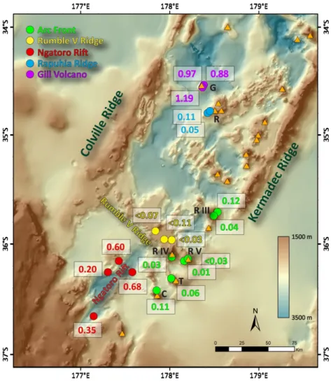 Figure 2: Bathymetric map of the southern KAHT system, bounded by the Colville Ridge to the west and the  Kermadec Ridge to the east