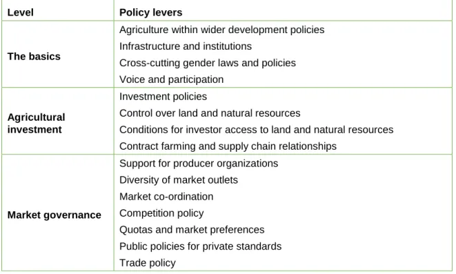 Table 1: Summary of policy levers on agricultural investment and the governance of  agricultural markets  