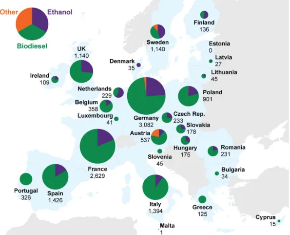Figure 2: Biofuel consumption for transport in EU in 2010, ktoe 