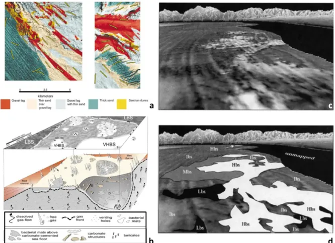 Figure 1.1: A) Fine scale acoustic classification map of scallop habitats (from Kostylev et al., 2003) B)  Seafloor areas with very high (VHBS) and low backscatter values (LBS) indicating geological features  related to methane seeps (from Naudts et al., 2