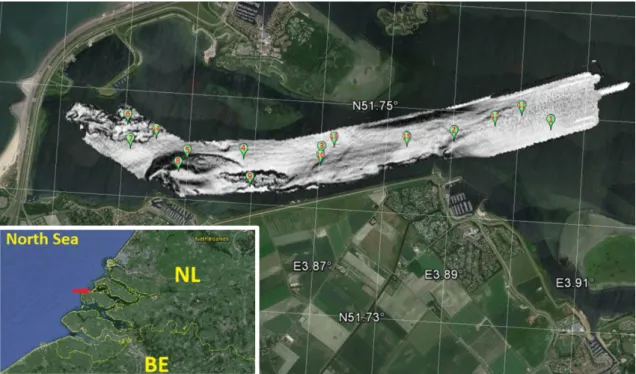 Figure 3.1: Shaded MBES bathymetry over a close-up of the area from Google Maps (red arrow in the  lower left corner indicates the location)