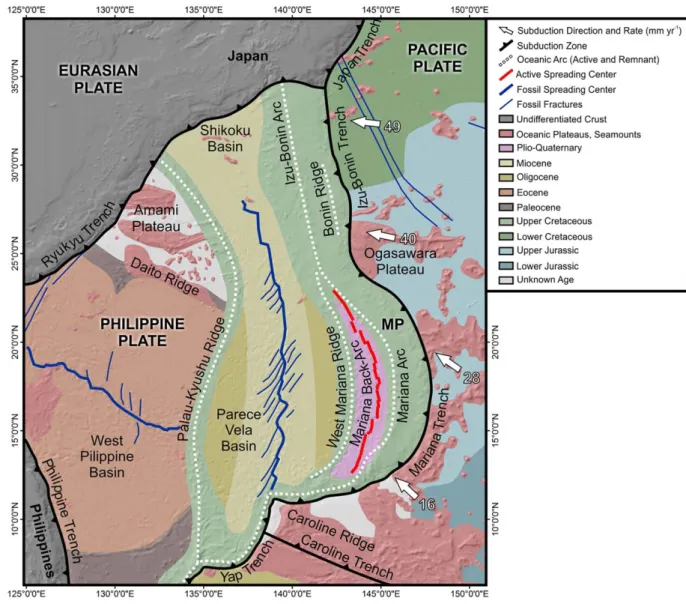 Figure 1. Tectonic setting of the Mariana subduction zone, overlain on regional bathymetry (GMRT v.3.2) [Ryan et al., 2009]