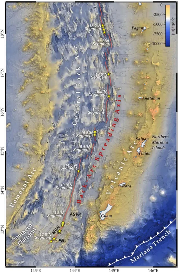 Figure 2. Bathymetry of the Mariana back-arc with the segment nomenclature, with data from the Global Multi-Resolution Topography Synthesis (GMRT v3.2) [Ryan et al., 2009], the FK151121 expedition aboard the R/V Falkor in 2015 [Resing and Shipboard Scienti