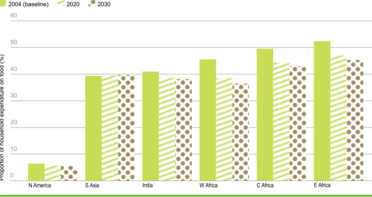 Figure 6: The proportion of household expenditure allocated to food, with predictions to 2030