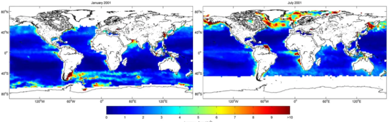 Figure 1.7: Modeled spatial distribution of monthly mean marine isoprene concentrations in the surface  mixed layer in pmol L -1  for January 2001 (left) and July 2001 (right)