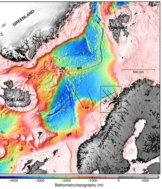 Figure 1: Bathymetry map with the location of the Euromargins 2003 OBS survey (lines inside box)