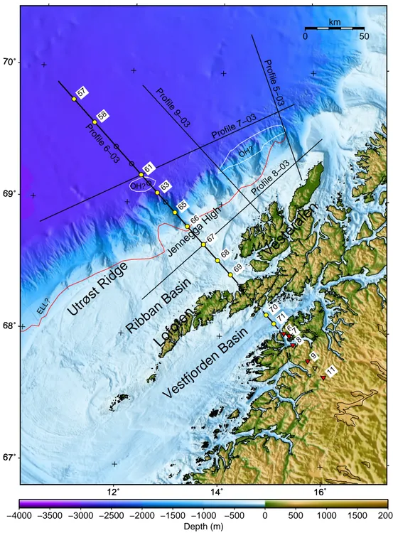Figure 2: 200 m resolution topography and sidescan bathymetry based on 50 m resolution data from http://www.kartverket.no ( c  Kartverket) with Euromargins 2003 OBS lines