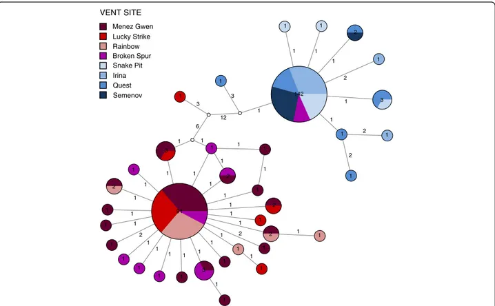 Fig. 4 Haplotype network for the mitochondrial ND4 locus. Haplotypes are represented as circles , where internal numbers indicate counts of the respective variant in the total data set and branch numbers show the mutation steps between haplotypes
