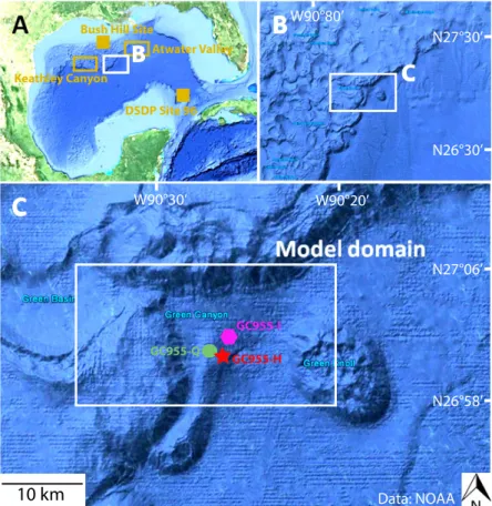 Figure 1. Seaﬂoor maps of the (A) Gulf of Mexico basin with marked locations of the Keathley Canyon, Atwater Valley, Bush Hill Site, and DSDP Site 96, (B) the northern part of the basin, and (C) the Green Canyon area