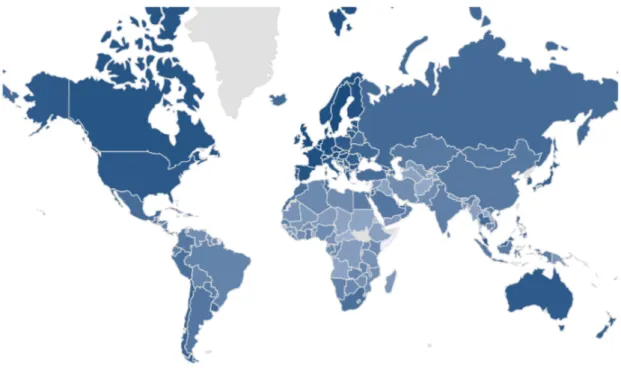 Figure 1: Level of globalisation as measured by the KOFGI in 2016