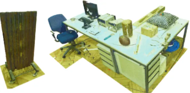 Figure 4.4: The registered laser scans of mm-precision used as scene ground truth, left: Pipe structure, right: Desk scene