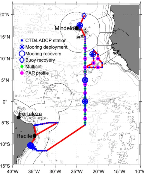 Fig. 3.1.   Bathymetric map with cruise track of R/V M ETEOR  cruise M130 (red solid line) including locations of  CTD/LADCP stations, mooring recoveries and redeployments, multinet and photosynthetically active  radiation  (PAR)  profile  stations