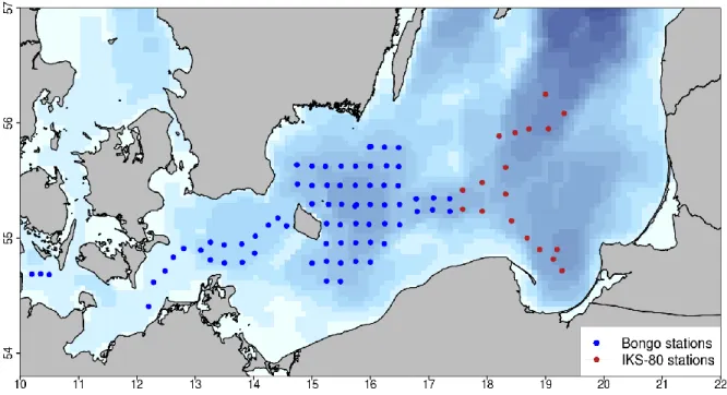 Figure 3 Plankton sampling and hydrographic measurement stations covered by AL491. Blue  dots: Bongo net hauls + CTD; red dots: IKS-80 net hauls + CTD
