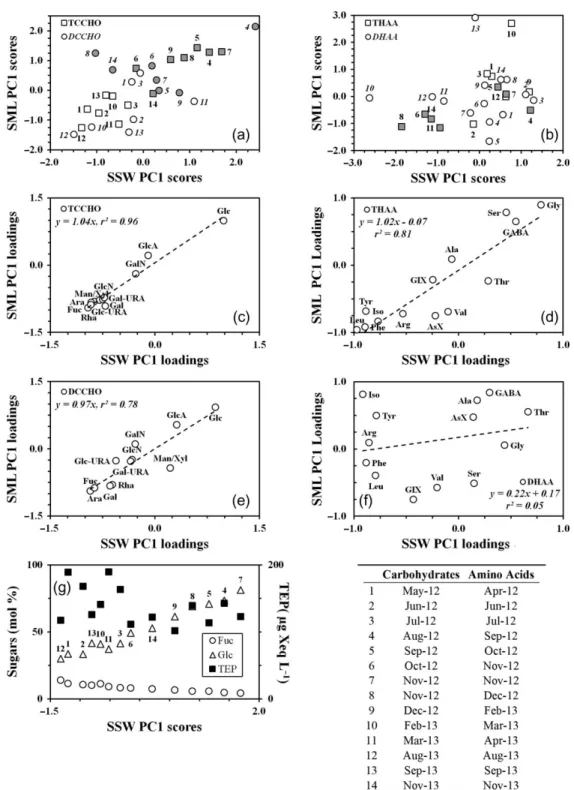 Fig. 7. (a) The ﬁ rst principal component (PC1) scores for TCCHO and DCCHO in the SML and SSW (4 separate PCA)