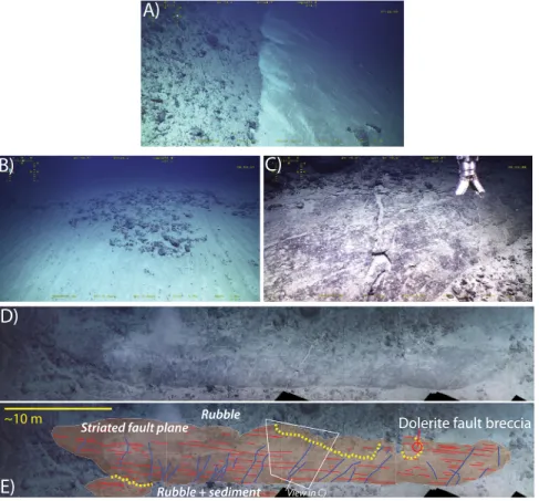Figure 7. Seaﬂoor images of the 13820 0 N corrugated surface. (A) Extension-parallel view (toward the W) of the ﬂank of a corrugation (see location in Figure 6), covered with rubble, and sedimented seaﬂoor at its base (dive 550, ﬁeld of view 10 m in foregr