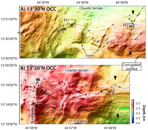 Figure 4. Detailed microbathymetry over chaotic terrain at the (A) 13830 0 N OCC and (B) 13820 0 N OCC