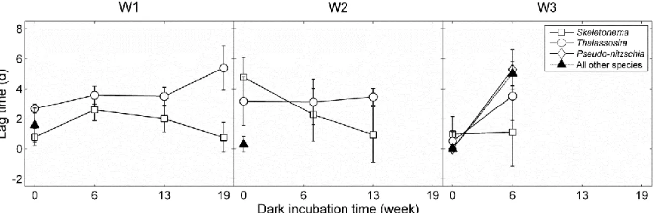 Fig. 3 Lag times as a function of the length of dark incubation prior to re-illumination, after varying 