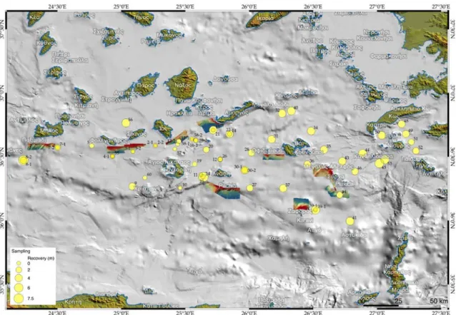 Fig. 8: Map of stations in which the yellow dots for sediment corings are scaled to the recovered  core length