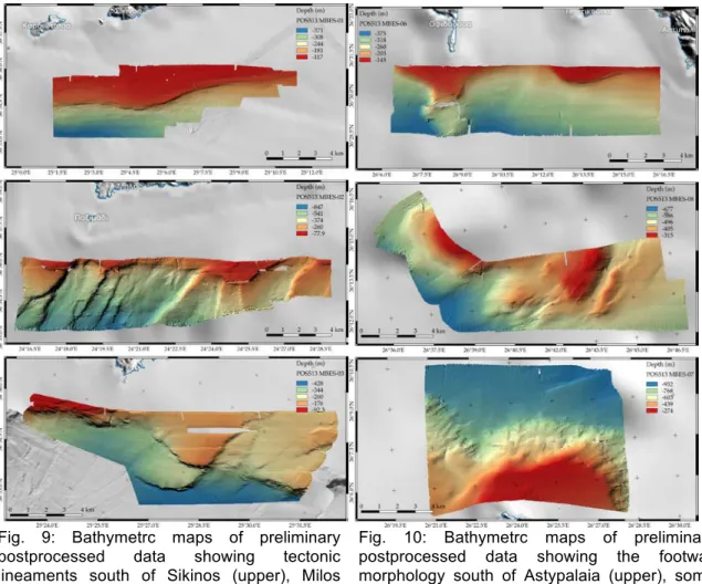 Fig.  9:  Bathymetrc  maps  of  preliminary  postprocessed  data  showing  tectonic  lineaments  south  of  Sikinos  (upper),  Milos  (middle) and Ios island (lower)