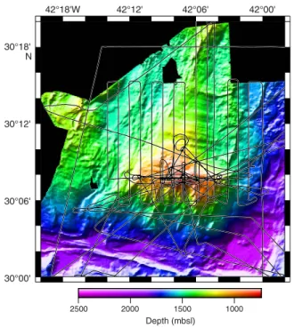 Figure F3. 3-D views of the multibeam data set gridded at 50 m resolution,  Expedition 357