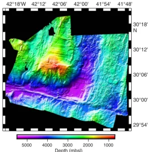 Figure F5. Multibeam image of Atlantis Massif data set acquired at 20 m per pixel resolution acquired during Expedition 357.