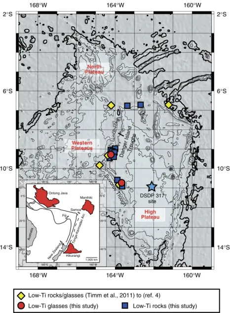 Figure 1 | Bathymetric map of the Manihiki Plateau. Red circles show dredge sites of glass samples used for this study from the SO193 and SO225 expeditions