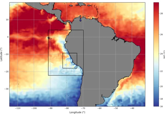 Figure 4: Modeled sea-surface temperature (SST) on April 14, 2017 in the coarse- (1/9 ◦ ) and high-resolution (1/45 ◦ ) simulations superimposed on AVHRR satellite SST