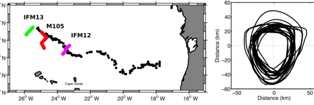 Figure 1. (a) Positions of the glider IFM12 (magenta) and IFM13 (green) surveys and the M105 ship survey (red dots)