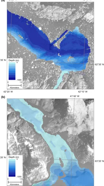 Figure 5. Enlargement of the mapped bathymetry at the mouth of Timmiarmiut Fjord (a) and around the sill region in SSsund (b).
