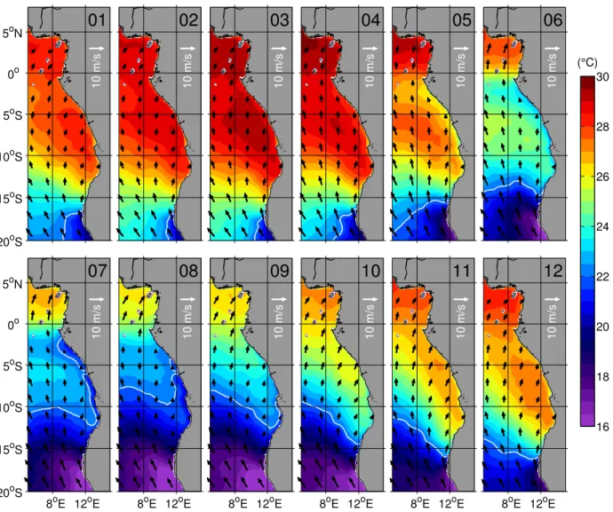 Figure 1.1: Mean seasonal cycle of SST (contour) and surface wind (arrows) derived for the period 2010- 2010-2016 from MW Fusion OI-SST and ASCAT altimeter data, respectively (both data sets are available at http: