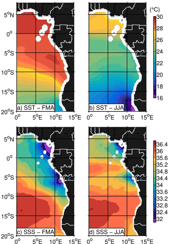 Figure 4.1: Average sea surface temperature and sea surface salinity in February through April (a, c) and in June through August (b, d) determined from Microwave Fusion OI SST (www.remss.com) and SMOS L3 v2 (www.catds.fr) satellite data, respectively.