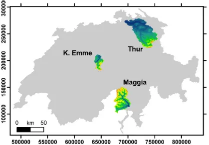 Figure 2 – Location map of the catchments. Coordinates are in Swiss projection (CH-1903) in m