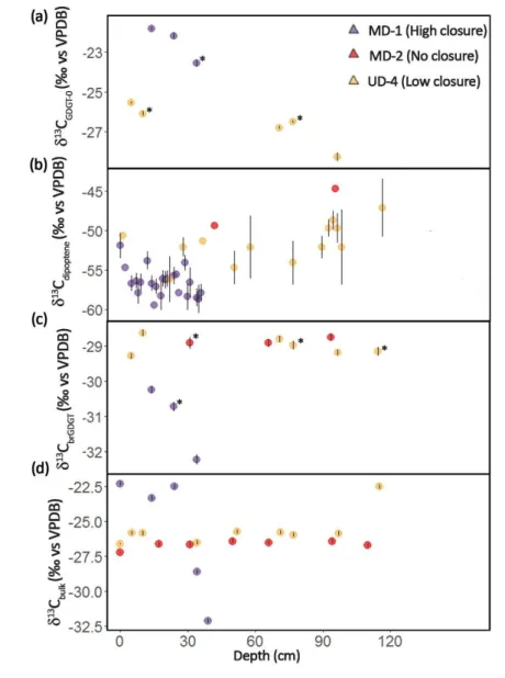 Figure 3  Carbon stable isotope compositions  of (a) GDGT-0, (b) diploptene  (three samples 