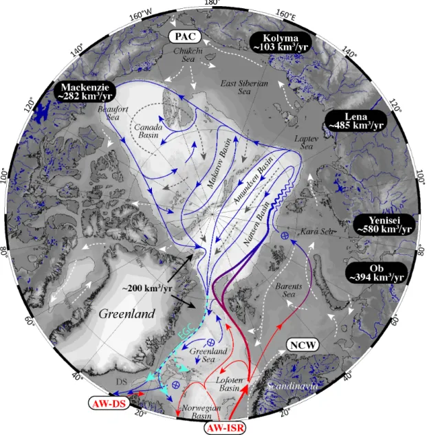Figure 1: Bathymetric map of the AM (IBCAO; Jakobsson et al., 2012) with circulation scheme of the  upper  layers  (dashed  white  and  gray  lines)  and  the  subsurface  Atlantic  and  intermediate  layers  (solid  red  and  blue  lines;  change  in  col