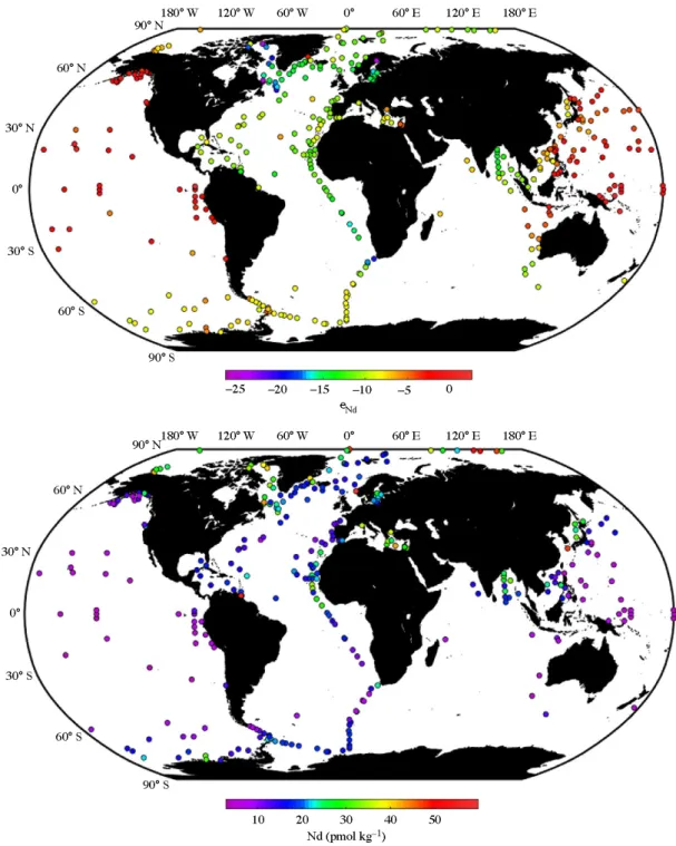 Figure  3:  Map  of  surface  seawater  Nd  isotopic  compositions  (upper  panel)  and  Nd  concentrations  (lower  panel)