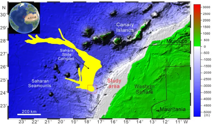 Fig. 1 Combined bathymetric and topographic map highlighting the distribution of the Sahara Slide  Complex, which is marked in yellow (modified after Wynn et al., 2000; Georgiopoulou et al., 2010)
